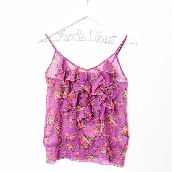 Forever 21 Tops Forever Purple Floral Print Sheer Ruffle Top